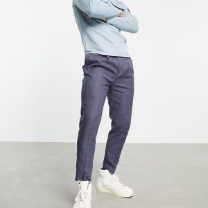 ASOS DESIGN - Marineblå tapered elegante bukser i ternet hør