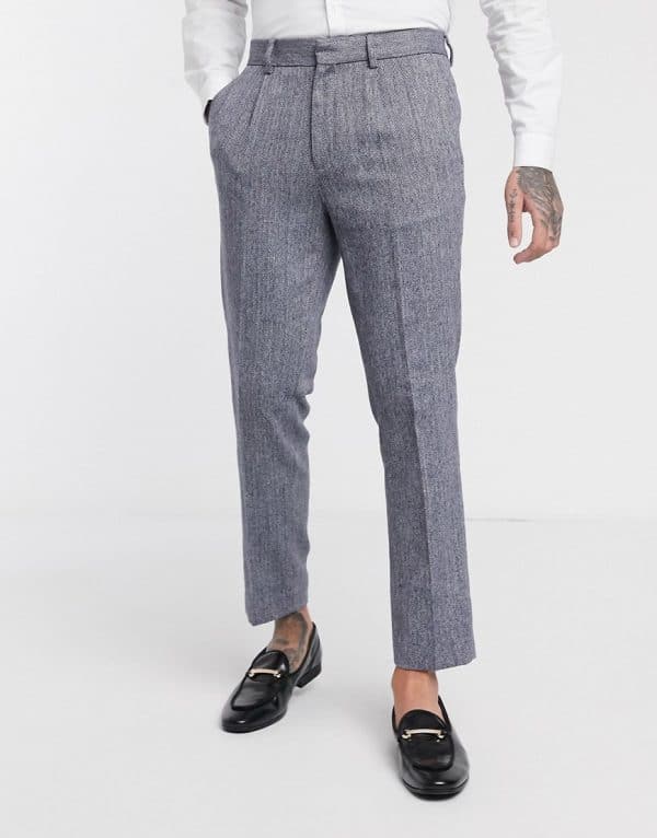 Burton Menswear - lysegrå plisseret elegante bukser i smal pasform med herringbone ternet mønster
