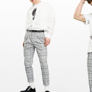 ASOS DESIGN - Tapered elegante bukser med opsmøg i ternet uldblanding-Grå